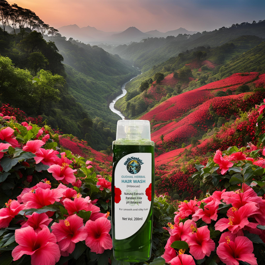 Bottle of hair wash with a scenic background of pink flowers and mountains.